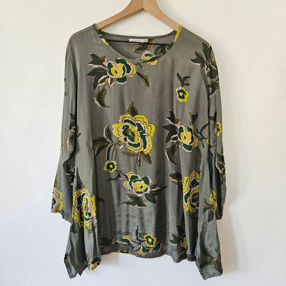 Masai Betony Floral Tunic‎ Top Blouse M Olive Green Yellow